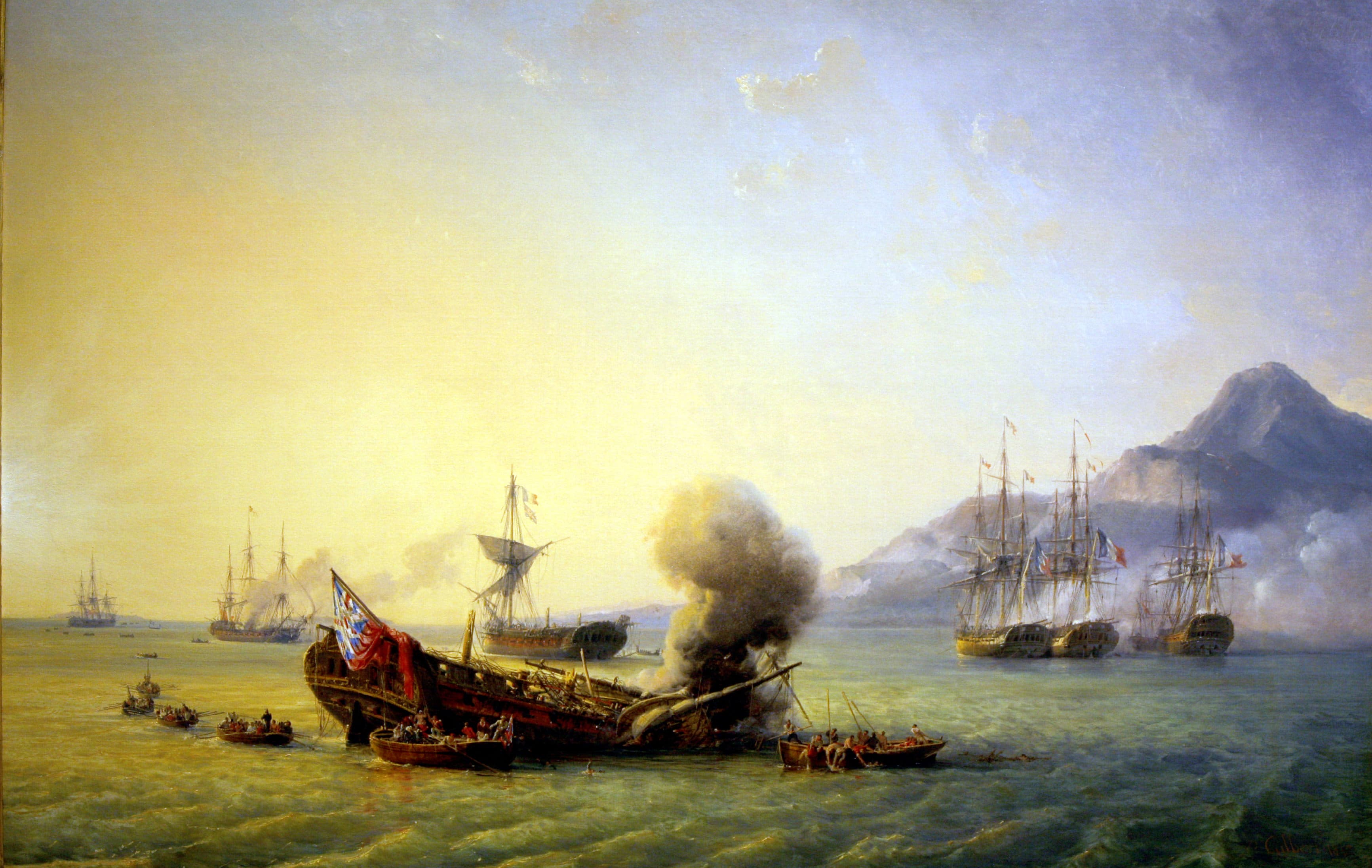 Peinture historique de la bataille de Grand Port, avec des frégates et un navire en flammes